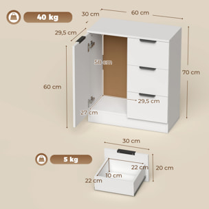 HOMCOM Aparador, Aparador de Salón Estrecho con 3 Cajones y Puerta de Cierre Suave, Armario de Cocina de Almacenaje Moderno, para Entrada, Comedor, 60x30x70 cm, Blanco