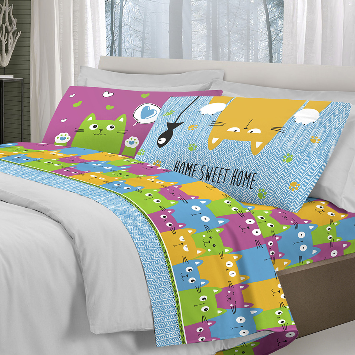 Completo letto happycat multicolor 100% cotone