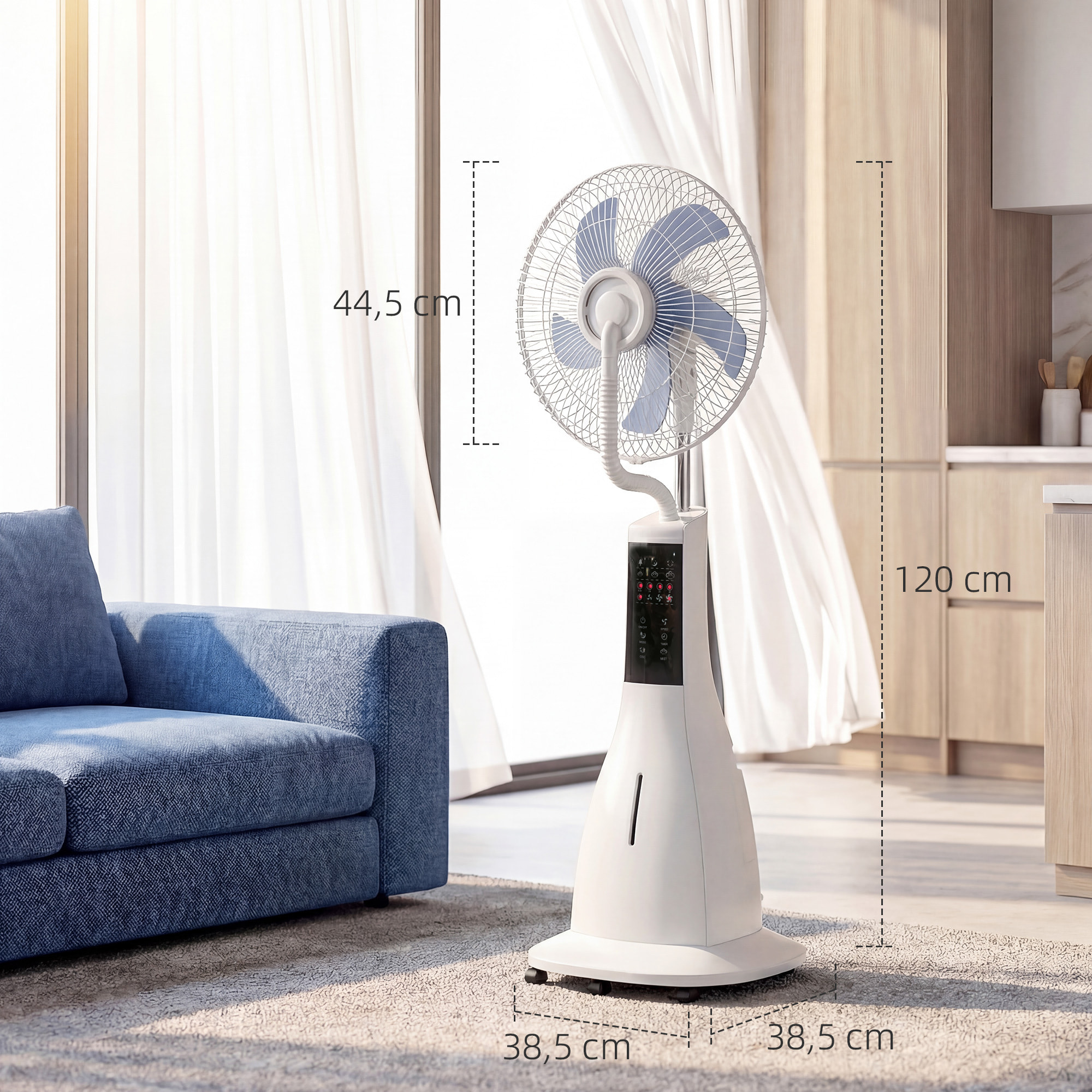 Ventilador Nebulizador, 90W, Ventilador con Agua, Oscilación 75°, 3 Velocidades, 5 Aspas, 3 Modos, Depósito de Agua 3L, Temporizador 7,5h, Control Remoto, 5 Ruedas, para Hogar, Oficina, Blanco