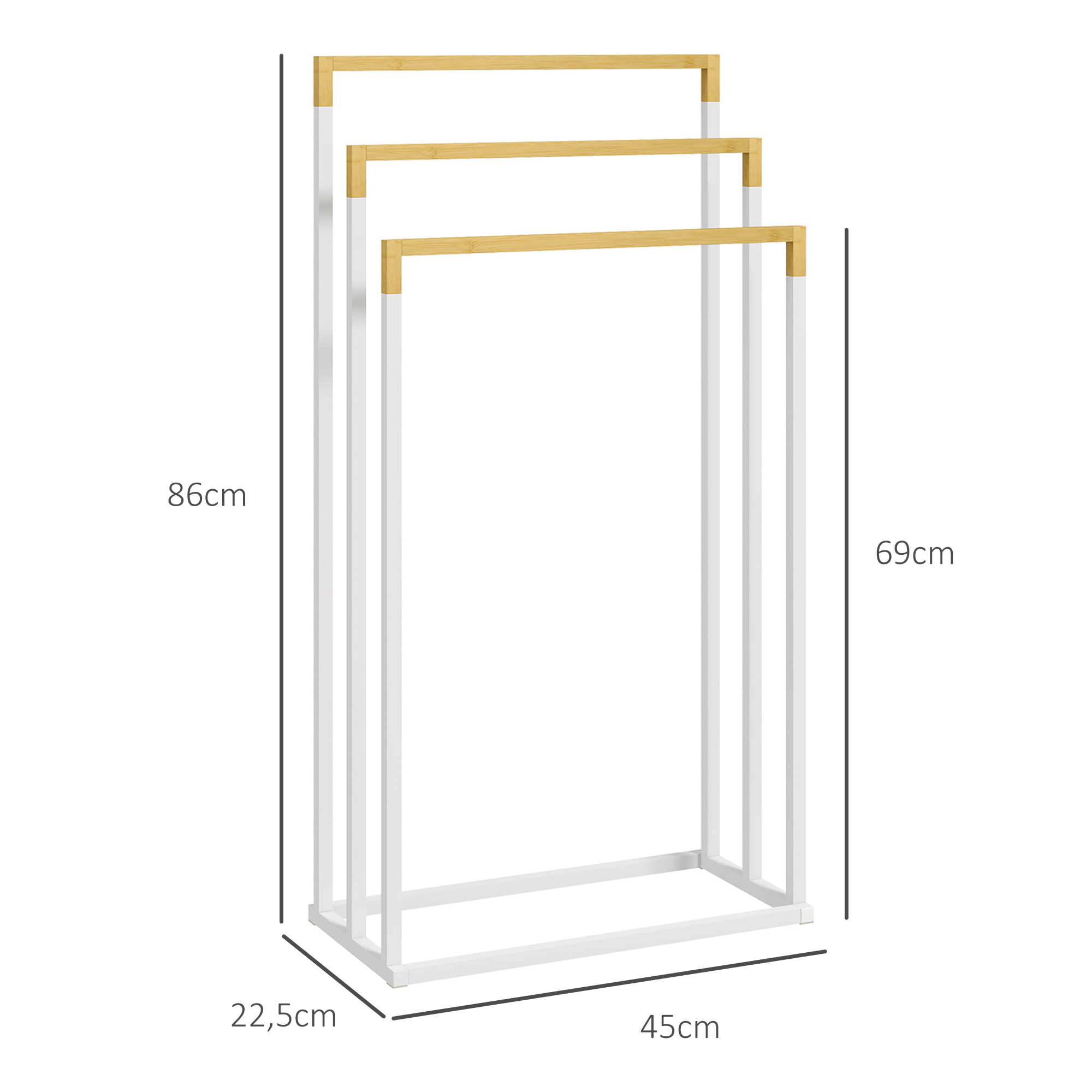 Toallero Escalera de 3 Niveles Toallero de Pie con 3 Barras de Bambú y Marco de Acero Toallero para Baño Lavadero 45x22,5x86 cm Blanco y Natural