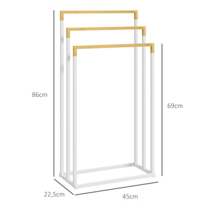 Toallero Escalera de 3 Niveles Toallero de Pie con 3 Barras de Bambú y Marco de Acero Toallero para Baño Lavadero 45x22,5x86 cm Blanco y Natural