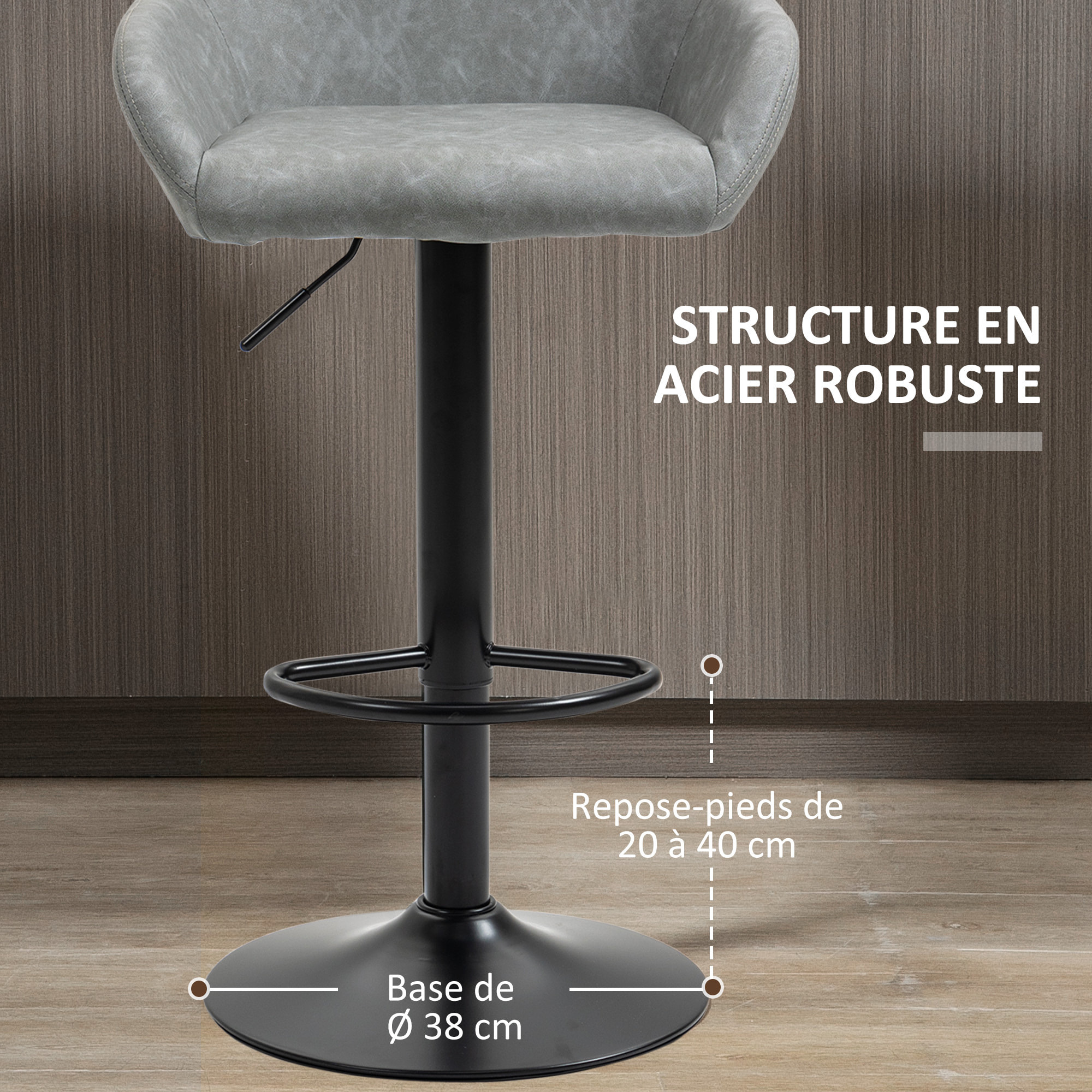 Lot de 2 tabourets de bar design - chaises de bar réglables pivotantes - acier noir synthétique effet vieilli