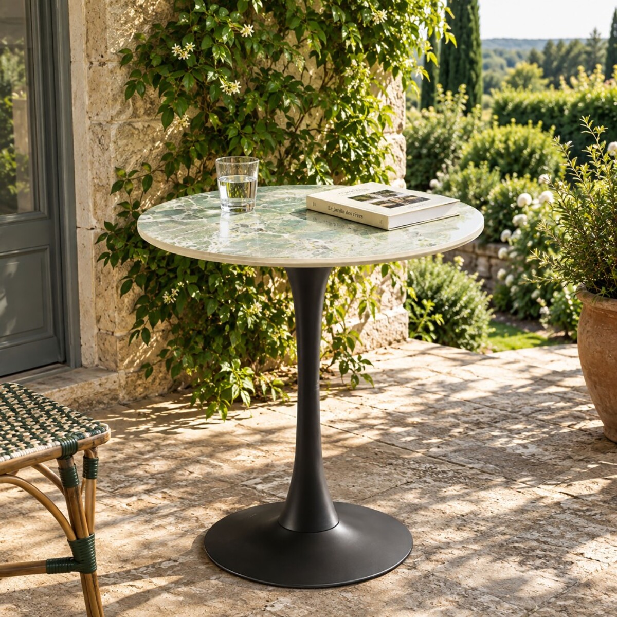 ICARE - Ensemble n°3: table bistrot D70cm en céramique marbré vert