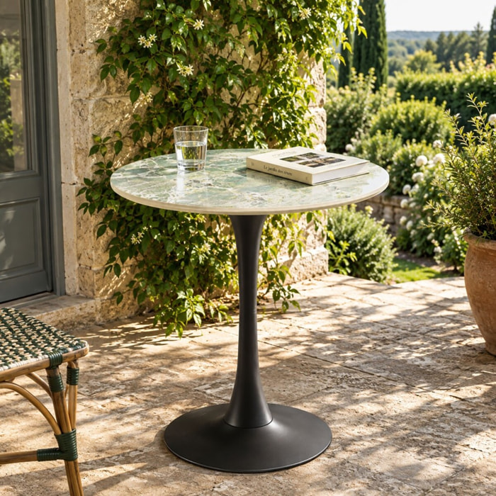 ICARE - Ensemble n°3: table bistrot D70cm en céramique marbré vert