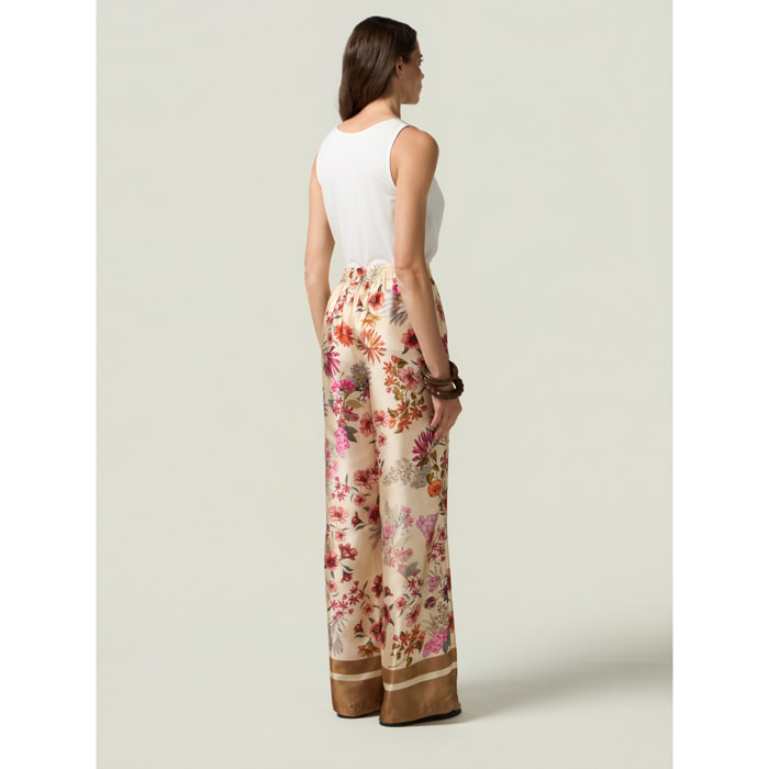 Oltre - Pantaloni palazzo in raso fantasia - Beige