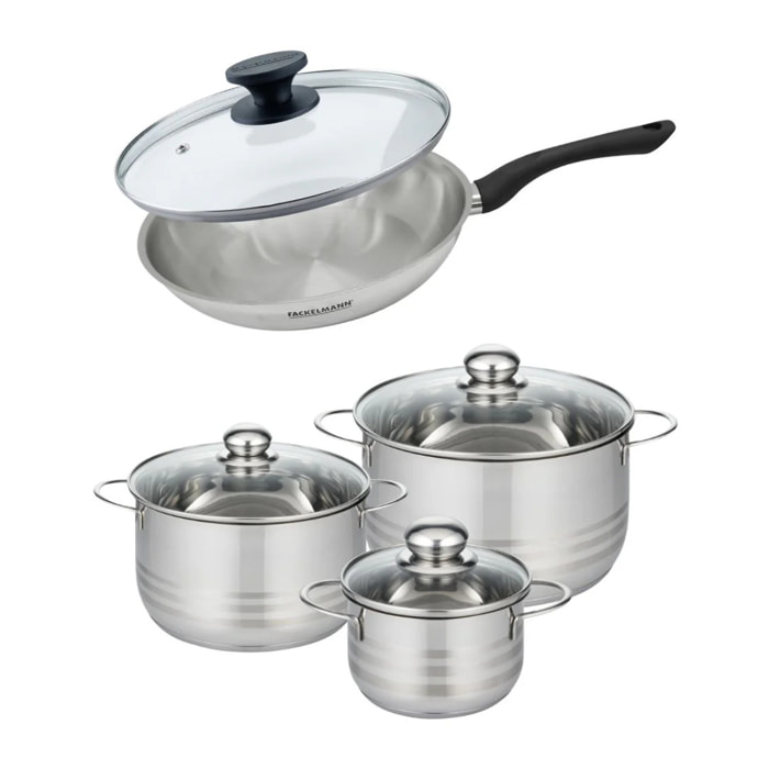 Set de 1 poêle 28 cm en inox et couvercle, 3 faitouts inox 16, 20 et 24 cm Fackelmann Geneva