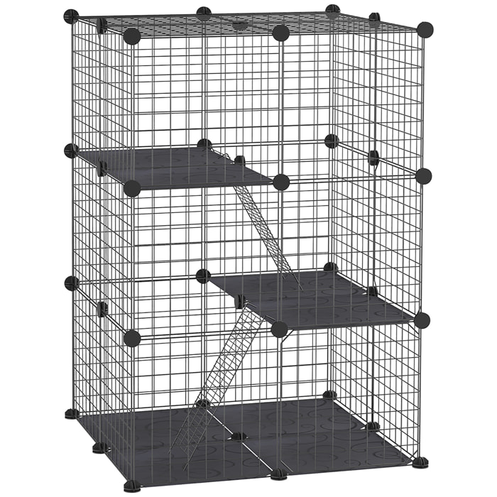 Cage parc enclos modulable rongeurs 3 niveaux 39 panneaux fil métallique PP noir