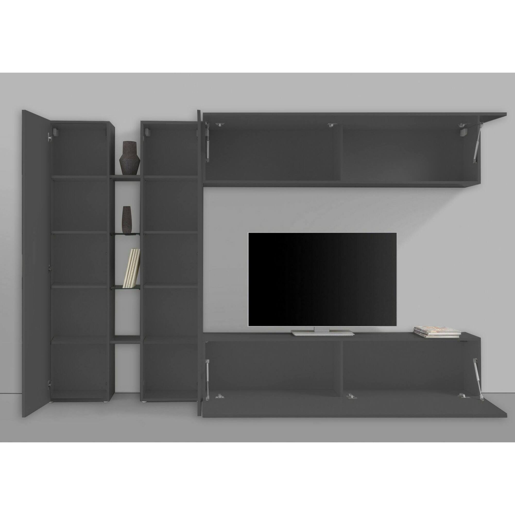 Parete attrezzata Costanzo, Set salotto porta TV a 4 ante, Mobile soggiorno multiuso, 100% Made in Italy, cm 280x30x180, Antracite