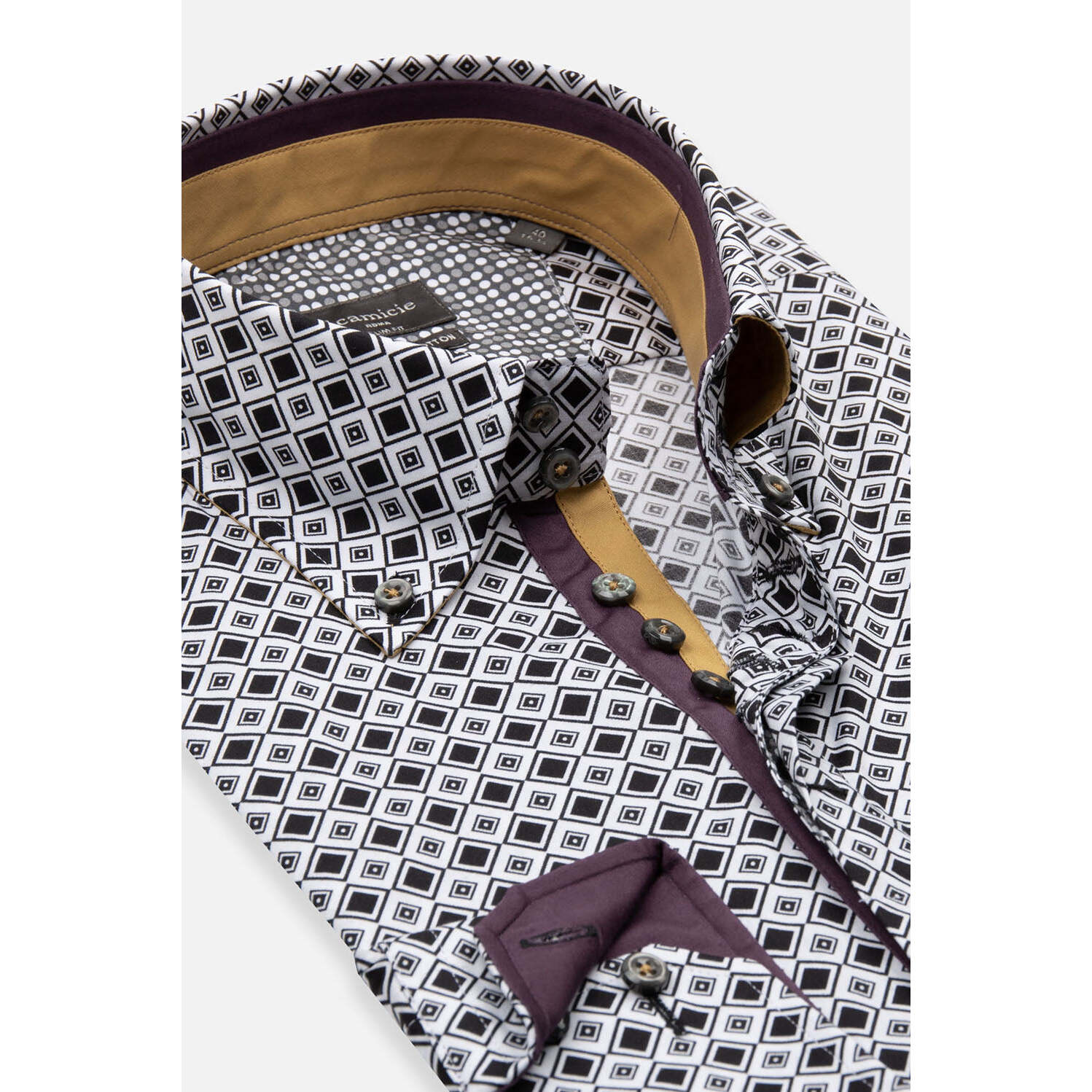 Camicia Uomo 2 Bottoni Button Down Slim Popeline Stretch Stampato Bianco/Nero