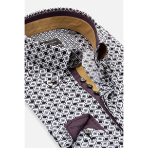 Camicia Uomo 2 Bottoni Button Down Slim Popeline Stretch Stampato Bianco/Nero