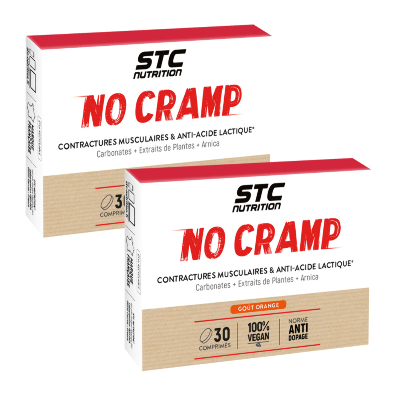 STC Nutrition - No Cramp - Ginseng, Quinquina, Magnésium & Vitamine B6 - Fonction Musculaire & Réduction de la Fatigue - Lot de 2 Boîtes de 30 Comprimés Goût Orange