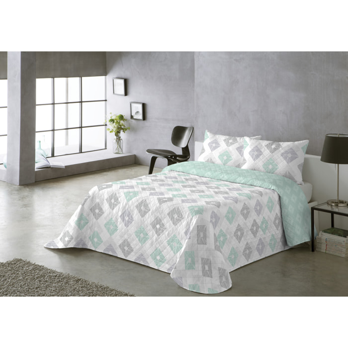COLCHA ESTAMPADA REVERSIBLE ROMBOS AQUA