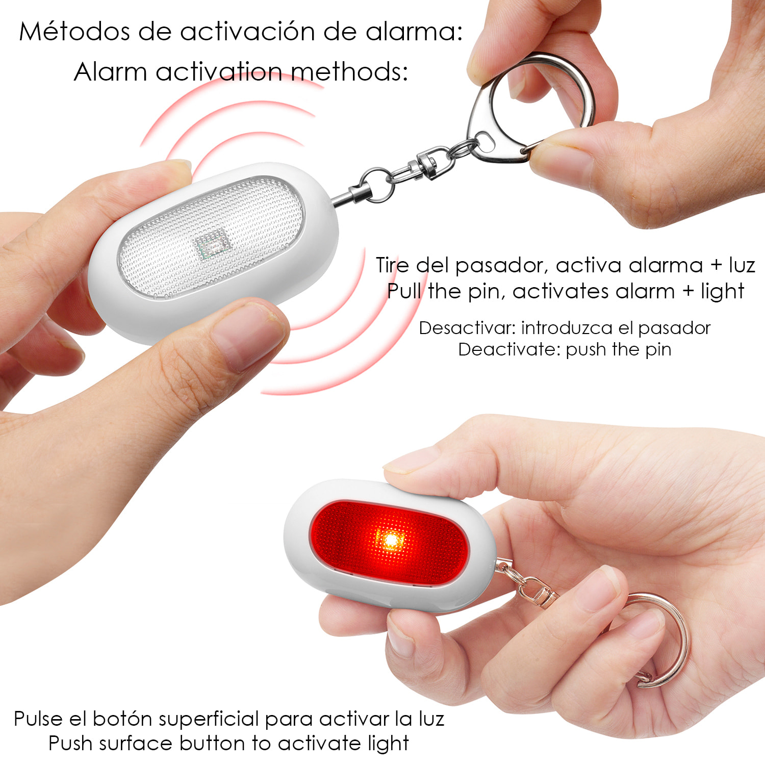Allarme SOS personale con luce LED rossa brillante con 2 modalità e suono di 125 dB.