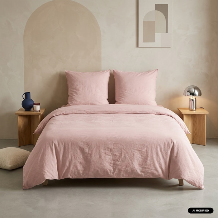 Parure de lit microfibre lavée 2 places rose poudré LUNA