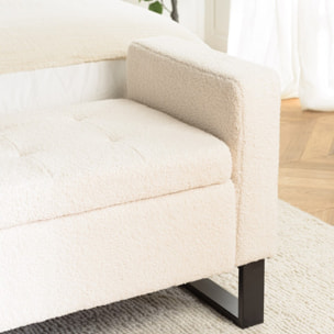 LEOPOLD - Banc tissu bouclette écru avec rangement et pieds métal noir