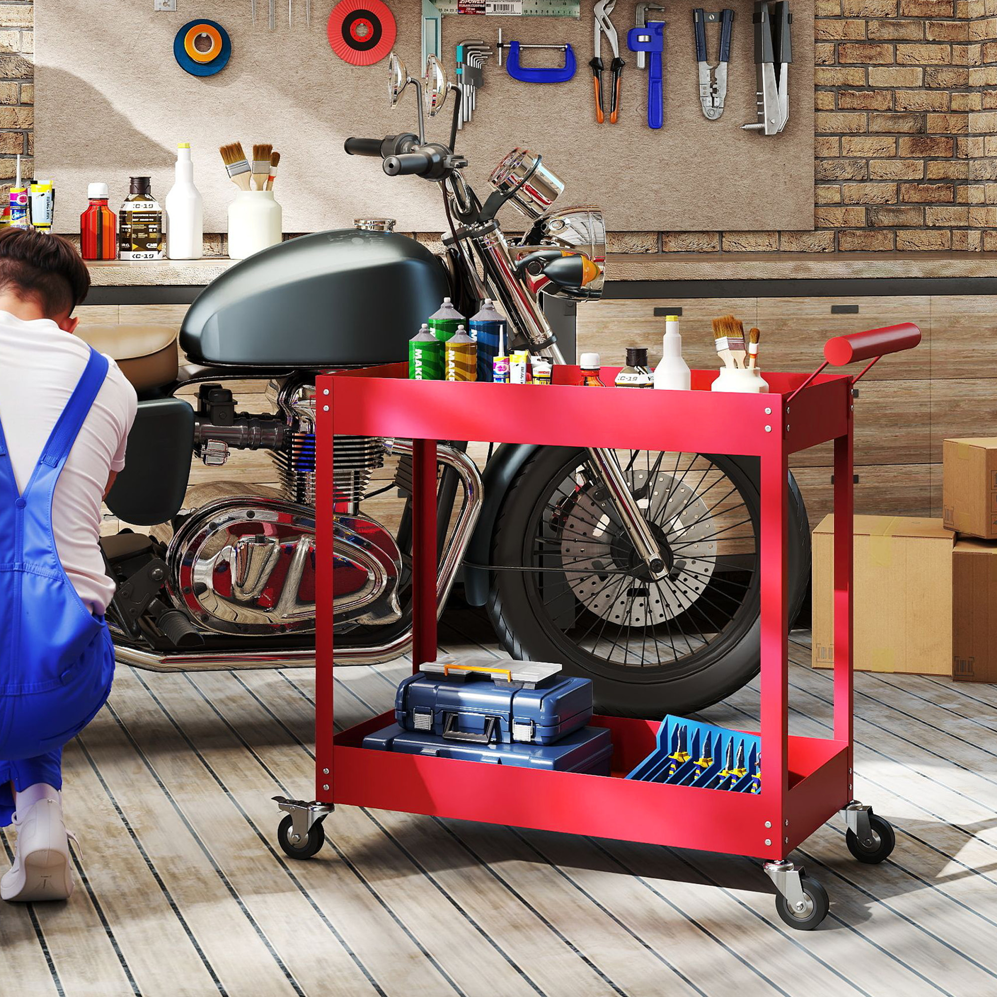 Chariot desserte d'atelier en acier 2 plateaux sur roulettes avec poignée - charge max. 150 kg - 84,5 x 38 x 84 cm rouge