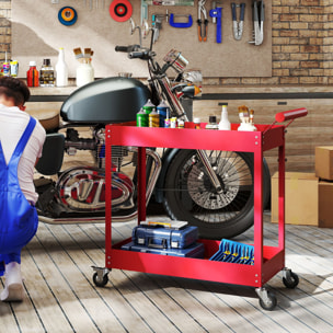 Chariot desserte d'atelier en acier 2 plateaux sur roulettes avec poignée - charge max. 150 kg - 84,5 x 38 x 84 cm rouge