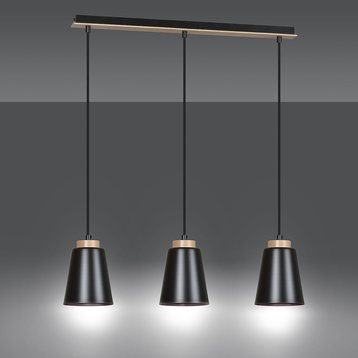 Lampada a sospensione BOLERO 3 in acciaio nero opaco e legno