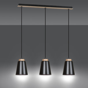 Lampada a sospensione BOLERO 3 in acciaio nero opaco e legno