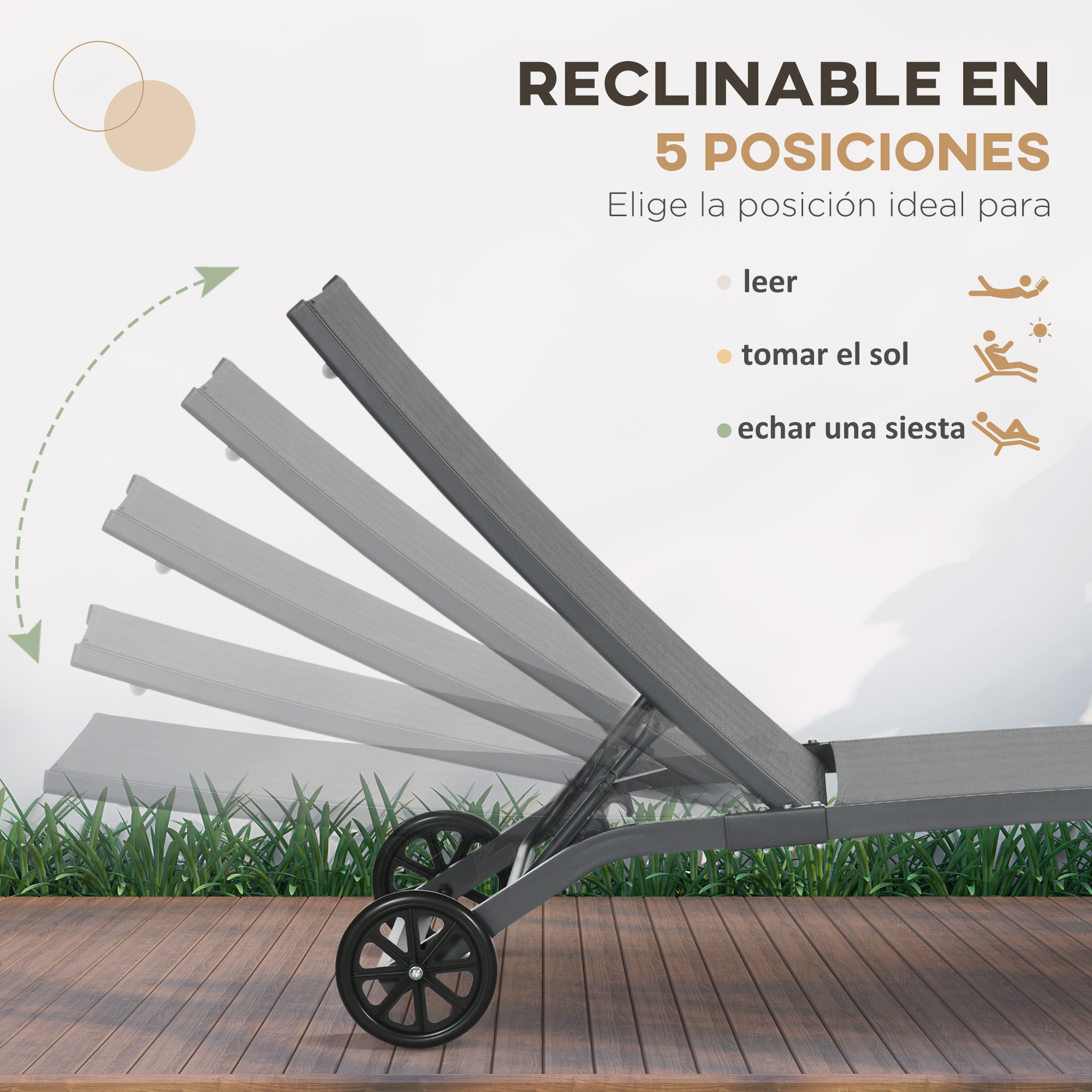 Pack de 2 Tumbonas de Jardín Exterior Tumbonas Reclinables de Aluminio con Respaldo Ajustable de 5 Niveles y Ruedas para Playa Piscina 165x66x102 cm Gris Oscuro