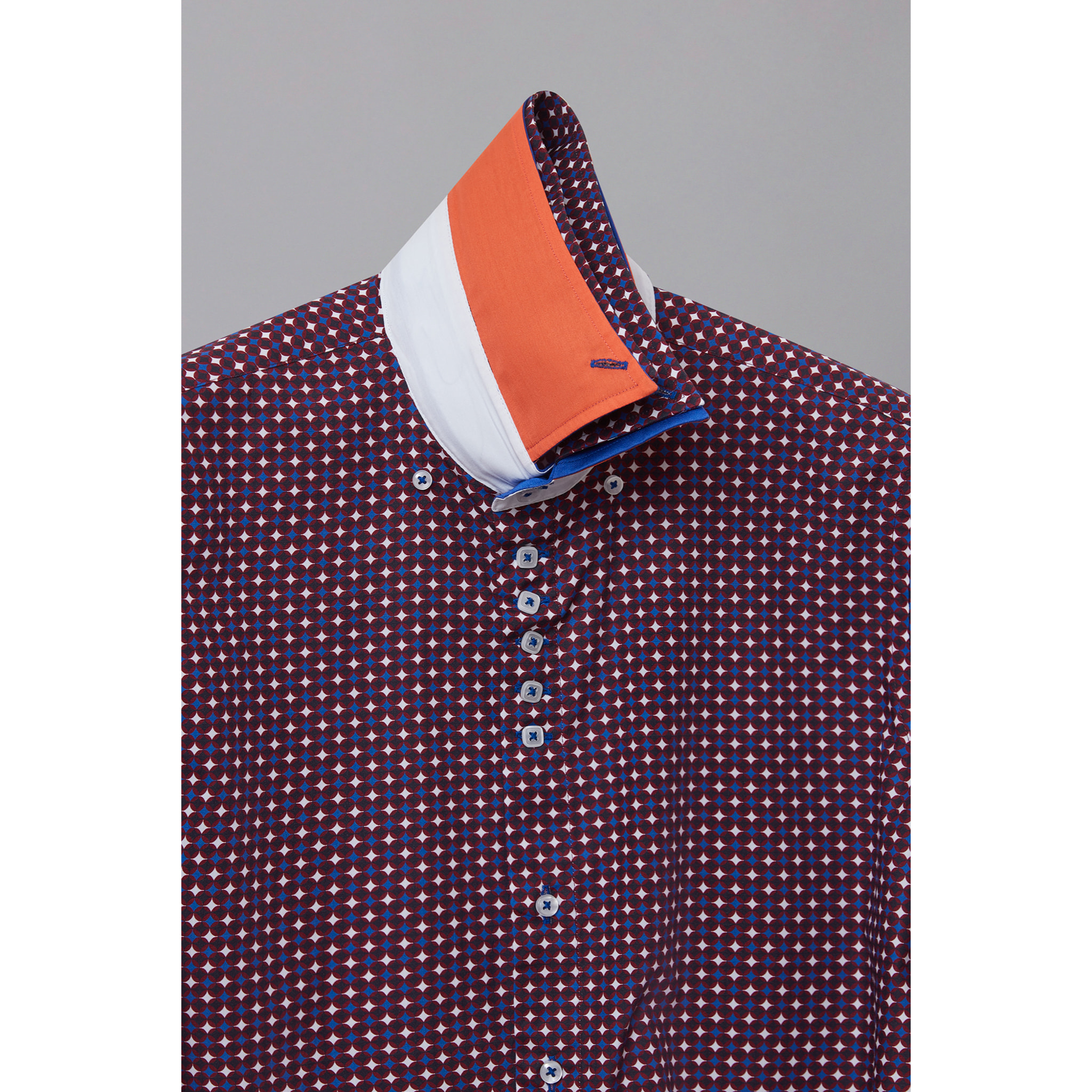 Camicia Uomo 2 Bottoni Button Down 7bottoni Doppio Coll Popeline Stampato Rosso Bordeaux/Bianco