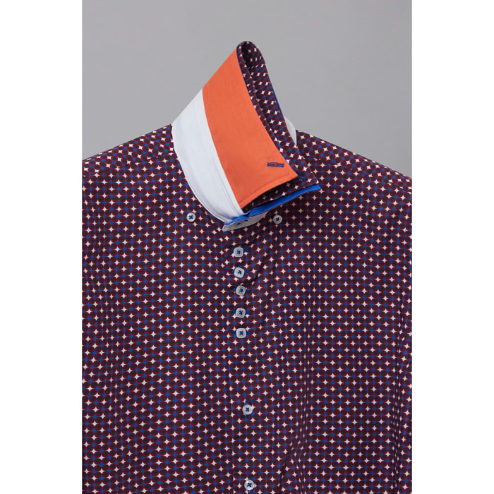 Camicia Uomo 2 Bottoni Button Down 7bottoni Doppio Coll Popeline Stampato Rosso Bordeaux/Bianco