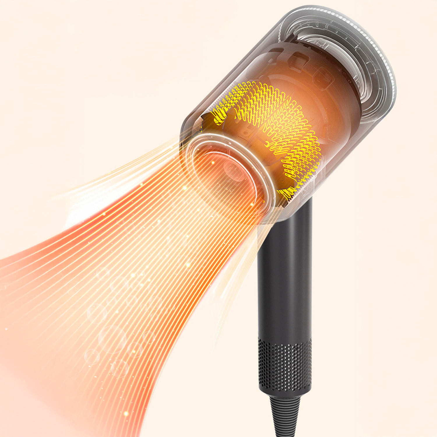 Asciugacapelli con potenza di 1400W, modalità fredda e 3 livelli di aria calda, tutti con 3 velocità.