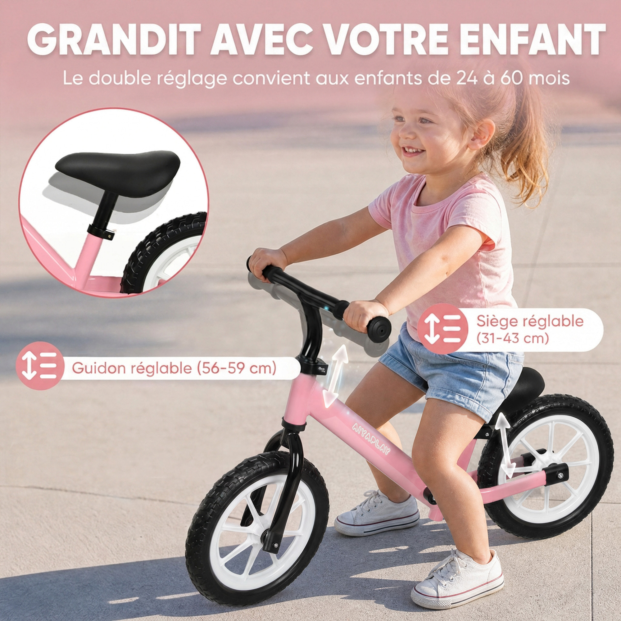 Draisienne enfant LED siège guidon réglables pneus mousse rose