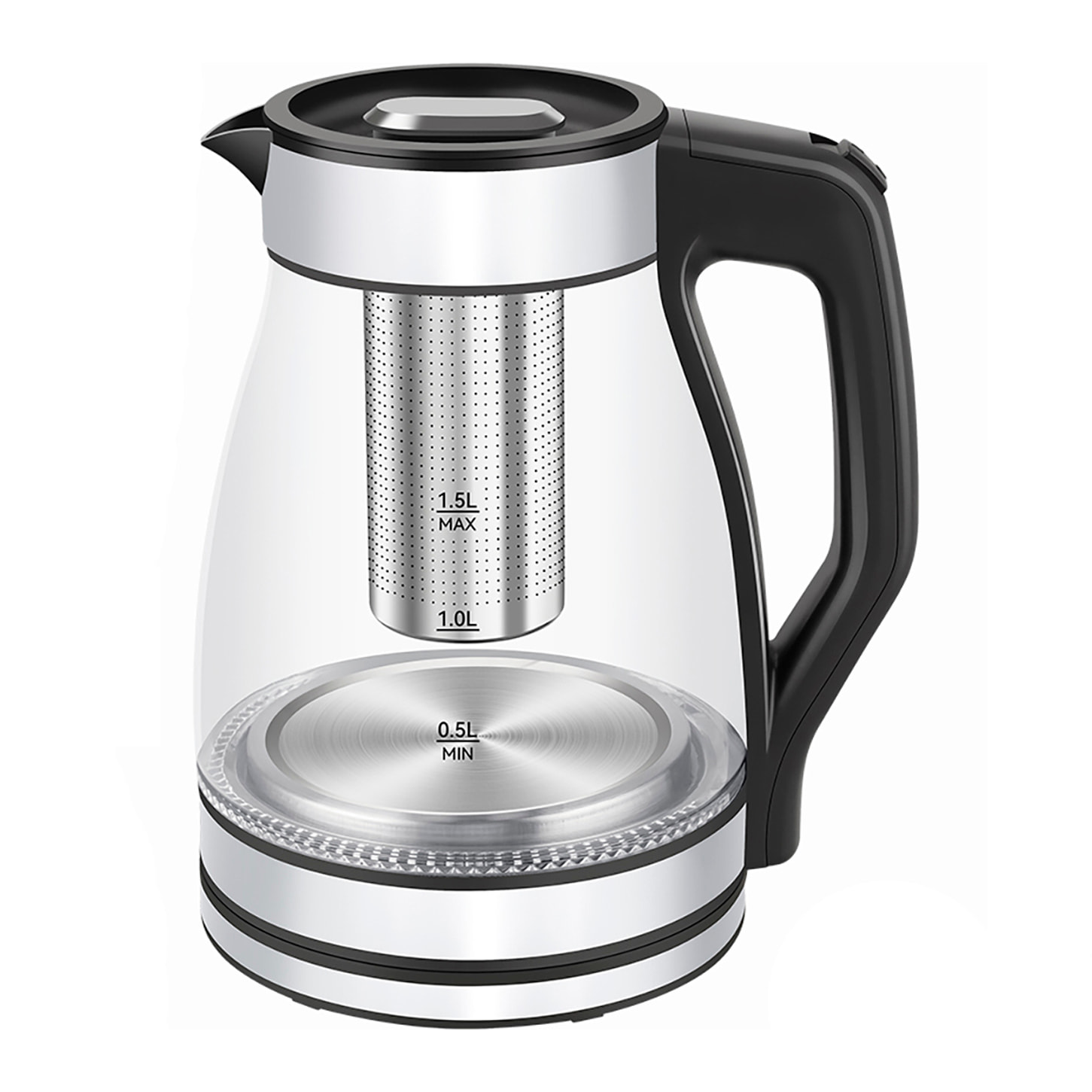 Bollitore in acciaio e borosilicato con luci LED. 1500W e 1,5L di capacità.