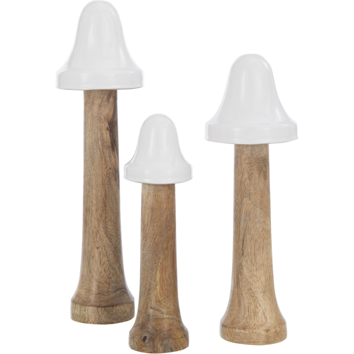 J-Line décoration Champignon Fin - bois - naturel/blanc - 3 pièces