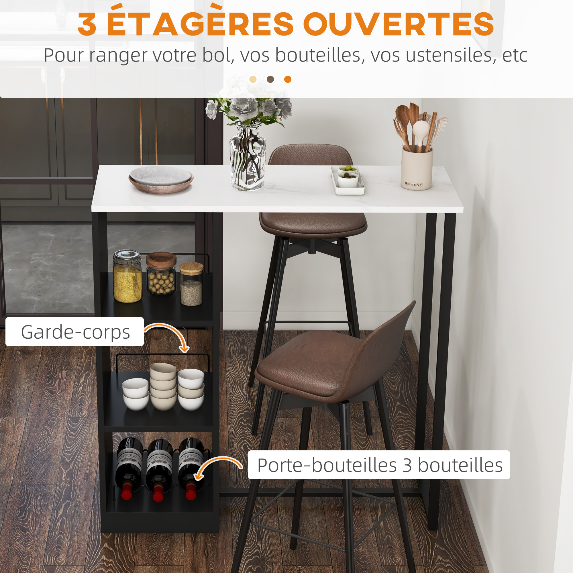 Table de bar design contemporain - table haute 3 niches avec range-bouteilles - acier panneaux noir aspect marbre blanc