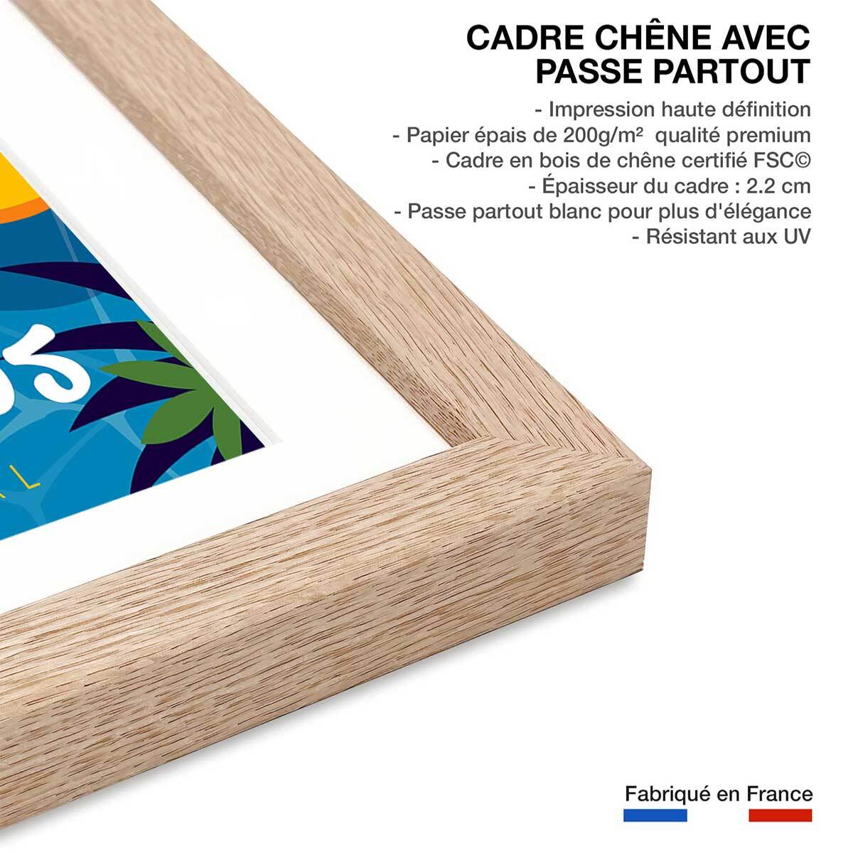 Poster de baignade à port cros Affiche + cadre en bois - Chêne