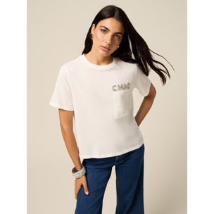Oltre - Camiseta con bordado de joya y bolsillo - Blanco