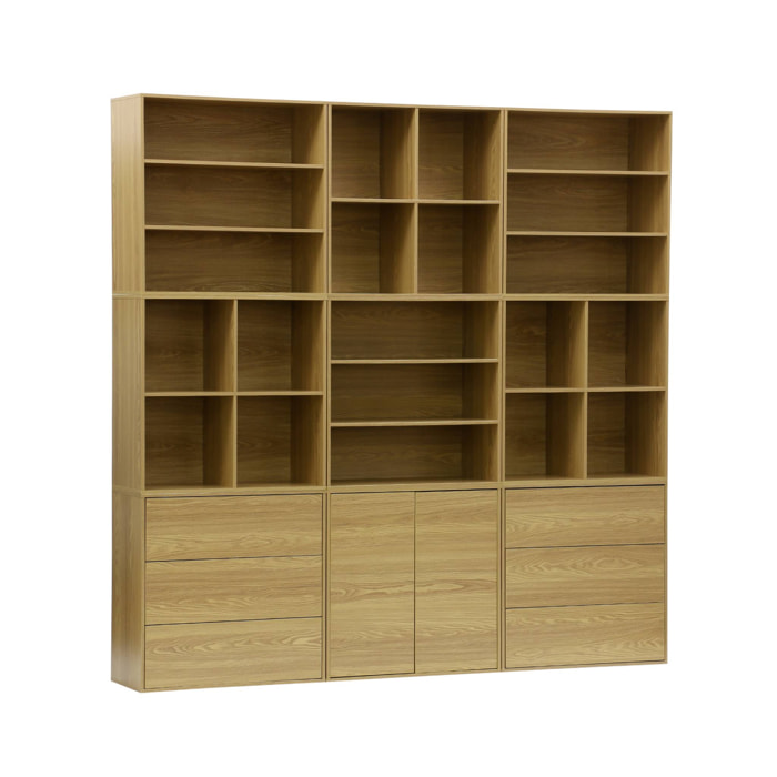 Kit étagère. bibliothèque décor bois chêne 9 éléments 100% modulable L 210 x P 35 x H 210cm - Kompo