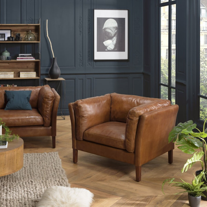 GASTON - Fauteuil marron MILANO vintage cuir 1 place pieds bois