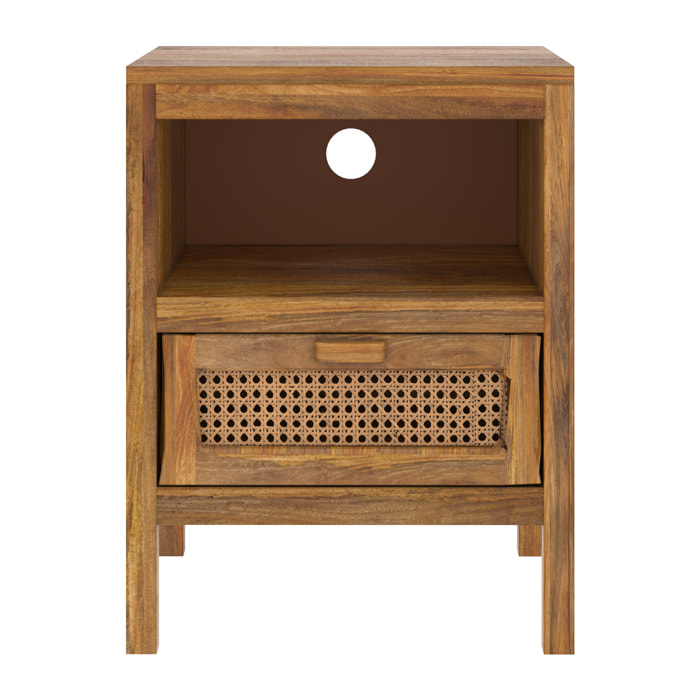 Table de chevet en cannage et bois, 1 tiroir et 1 niche - Tiki