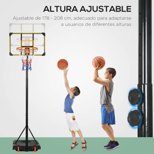 Canasta de Baloncesto Altura Ajustable 178-208 cm con Ruedas Aro de Baloncesto para Niños de +6 Años con Base Rellenable para Exterior 75x56x210-240 cm Amarillo y Negro