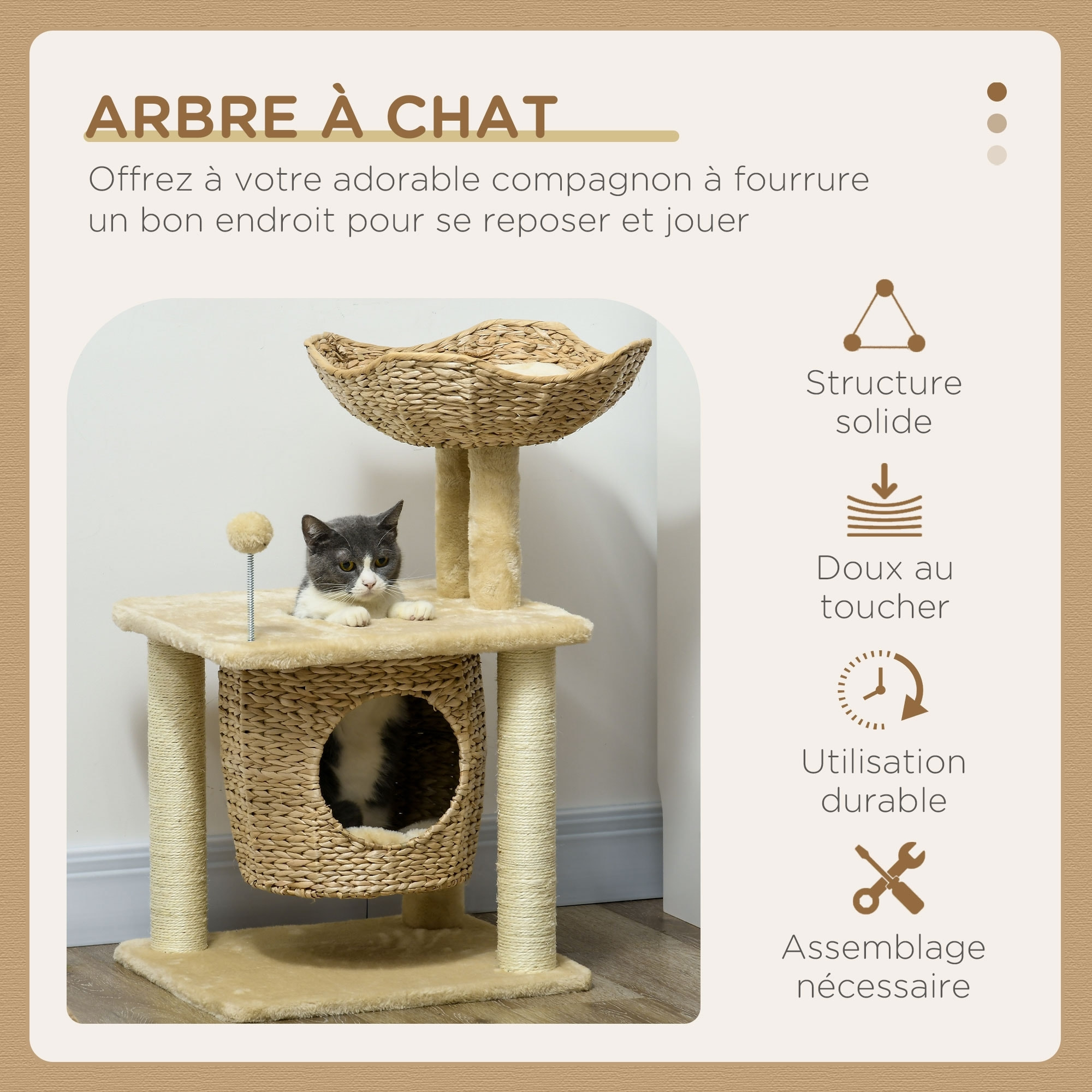 Arbre à chat style cosy chic griffoirs boule ressort niche panier 2 coussins inclus quenouille sisal naturel peluche beige