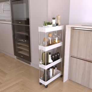 Carrello Portaoggetti 4 Ripiani Mobile Salvaspazio In Plastica Con Ruote Struttura In Acciaio Per Spazi Ridotti Cucina Bagno 40 x 13 x 85 Cm Bianco