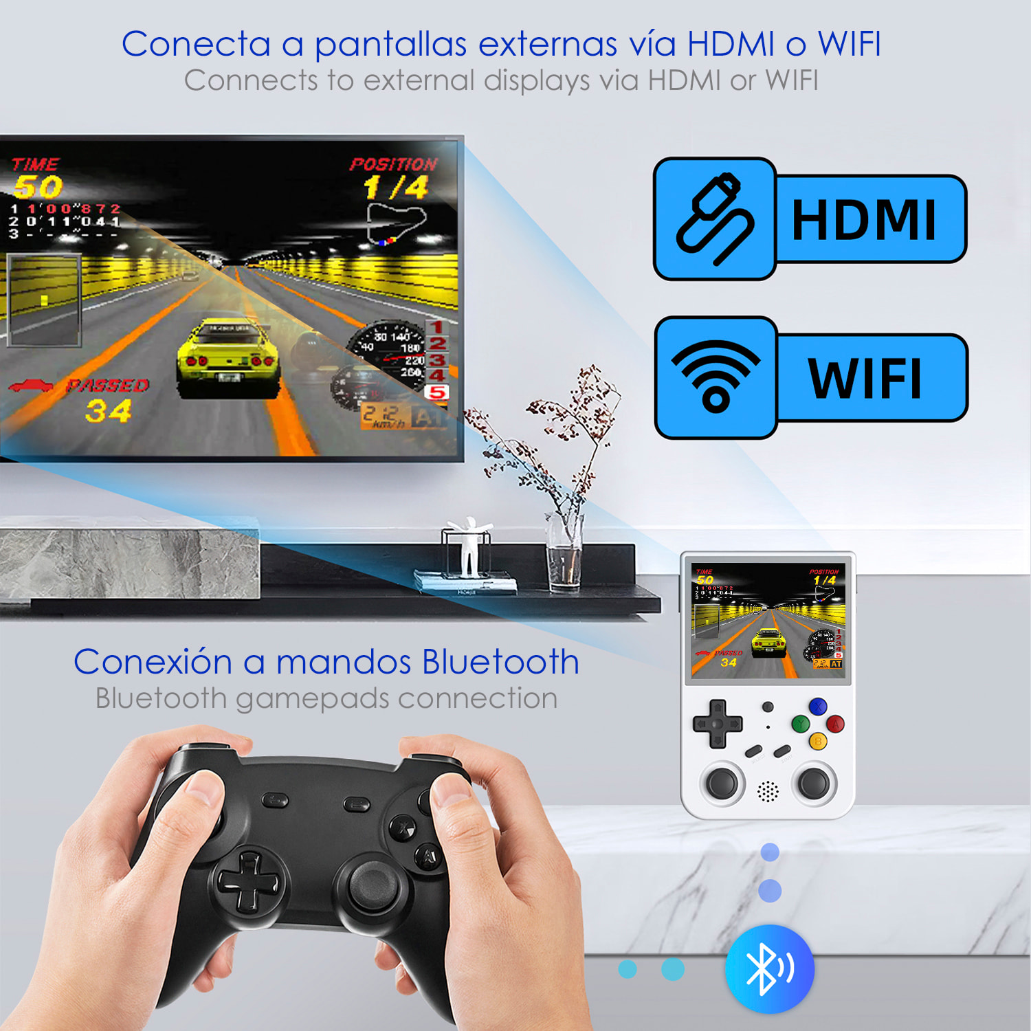 DAM Consola emulador multiplataforma RG353V. Pantalla táctil 3,5" IPS; Android 11 + Linux, Quad-Core 1,8GHz, WiFi, 128GB. +23.000 juegos. 12,6x2,1x8,3 Cm. Color: Blanco