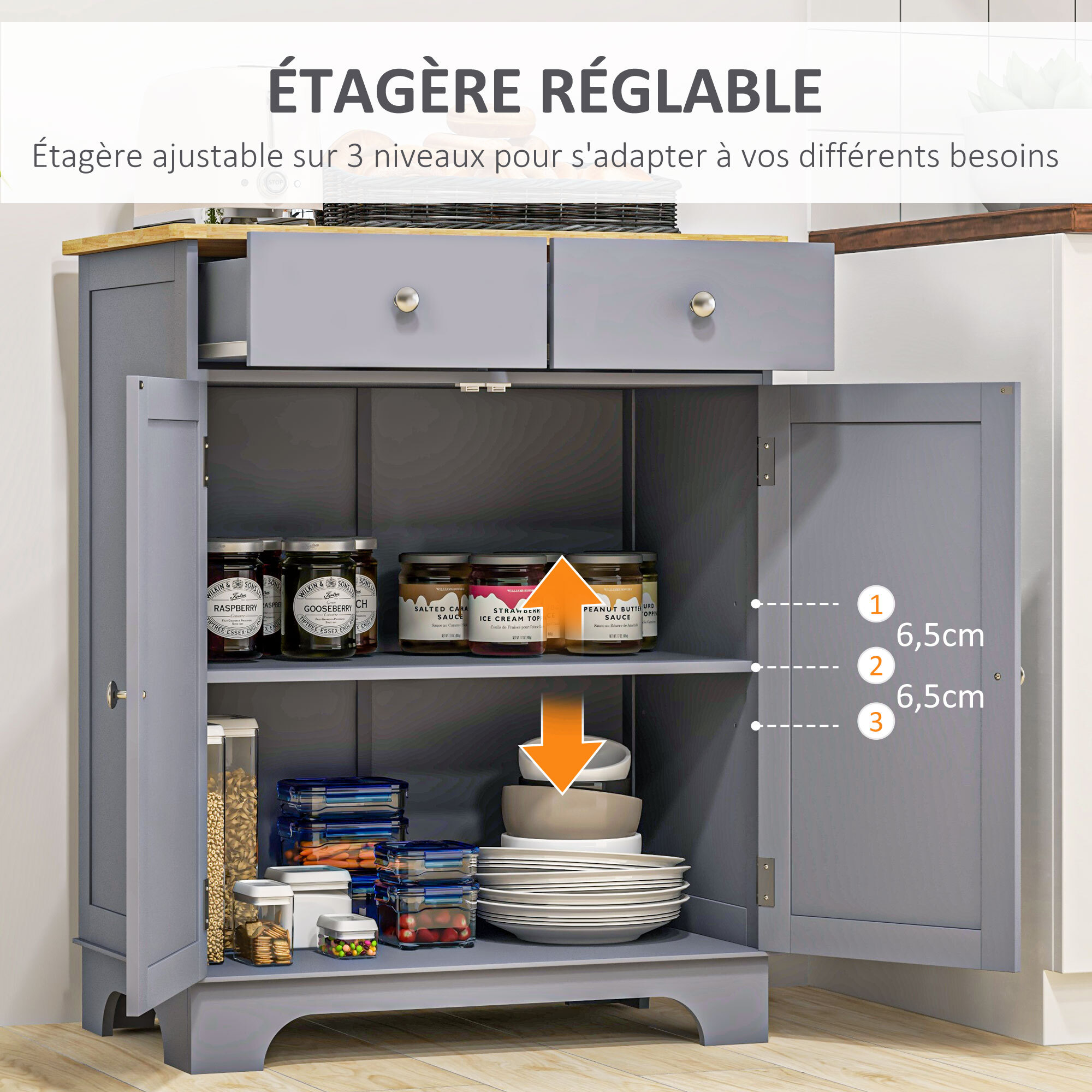 Buffet multi-rangement 2 portes avec étagère réglable 2 tiroirs coulissants bois d'hévéa MDF gris