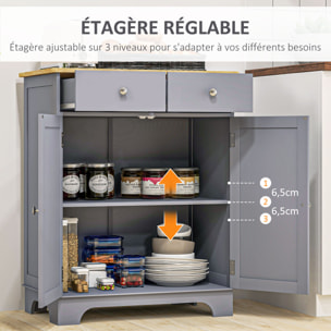 Buffet multi-rangement 2 portes avec étagère réglable 2 tiroirs coulissants bois d'hévéa MDF gris