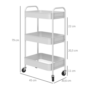Carrito Auxiliar con Ruedas de 3 Niveles, Carrito de Cocina con 3 Cestas y 2 Asas para Baño, Dormitorio, Oficina, 45x30,6x79 cm, Blanco