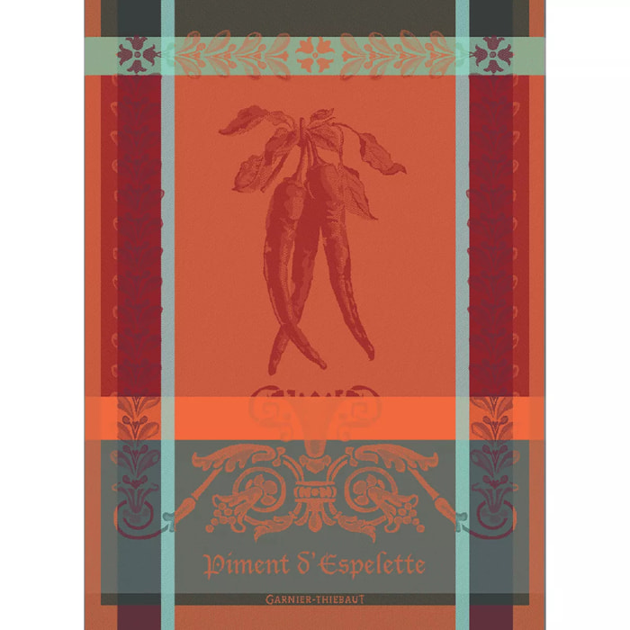 Torchon pur coton motif jacquard rouge orange Piment d'espelette epices