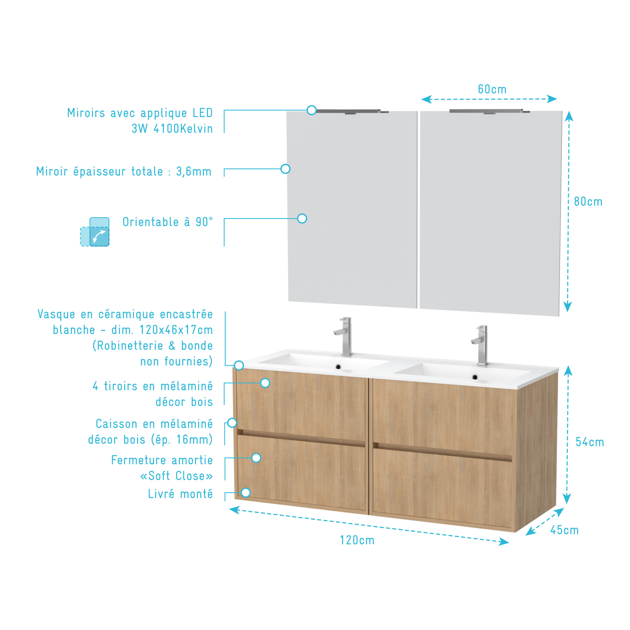 Meuble Salle de Bains 120 cm Chêne Clair 4 Tiroirs, Vasque, Miroirs 60x80 et Réglettes Led - XENOS
