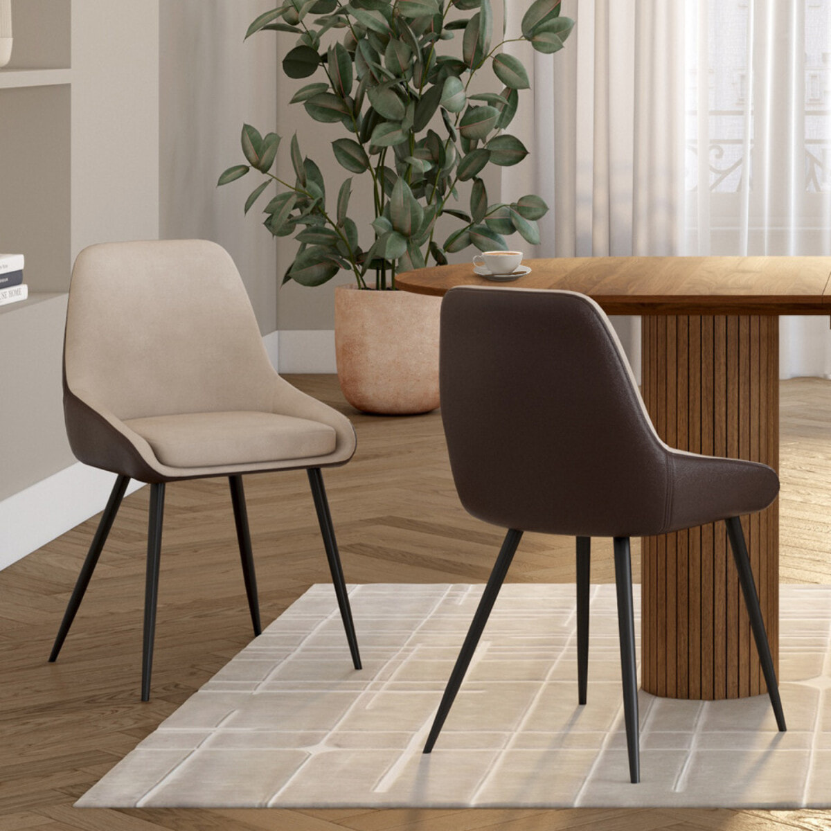 Chaises Ornella bi-matière taupe et marron pieds métal noirs - lot de 6