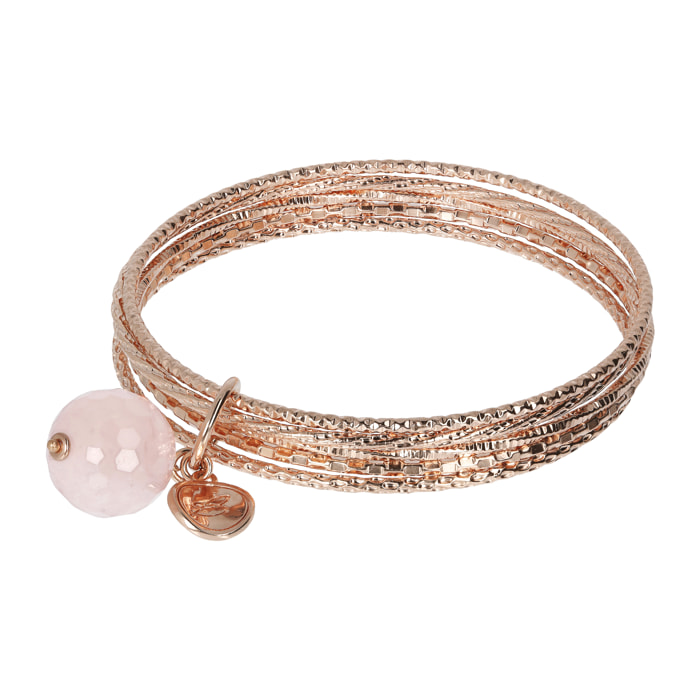 Bracciale Multifilo Rigido con Pietra Naturale Tonda Quarzo Rosa