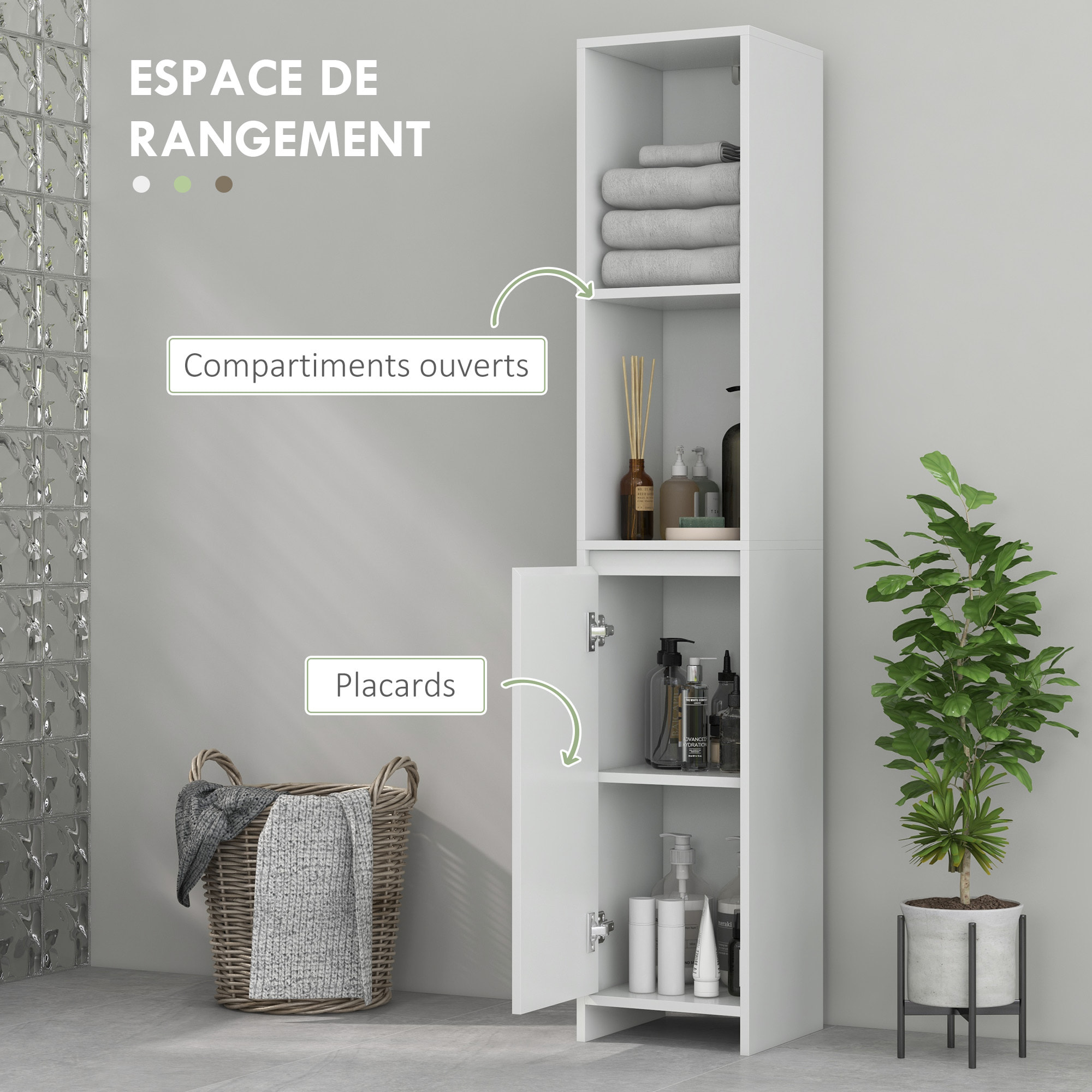 Meuble colonne salle de bain porte 2 étagères dim. 30L x 30l x 160H cm blanc