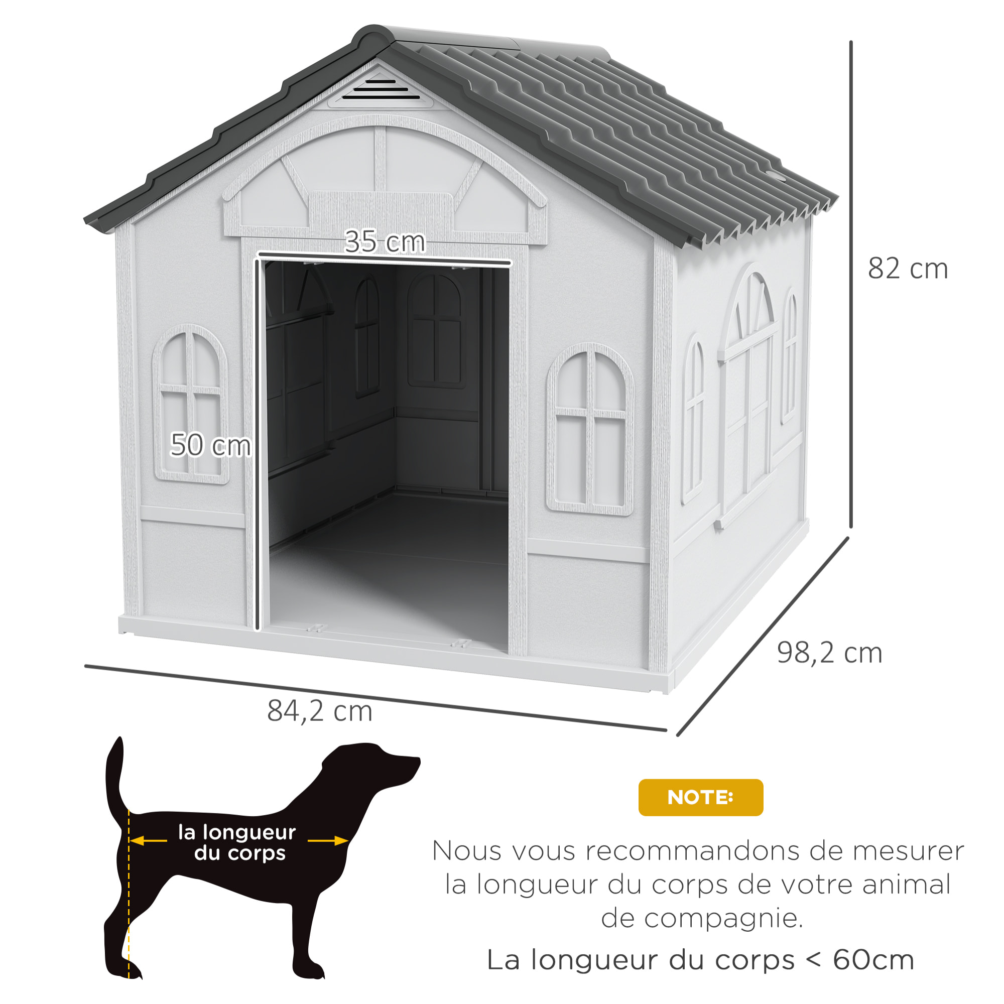 Niche chien style cottage - motifs fenêtres, porte, aération - PP blanc gris