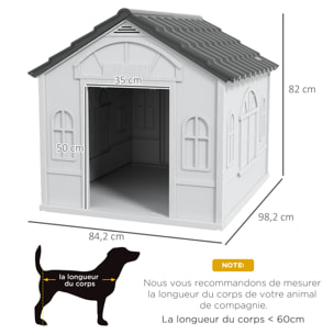 Niche chien style cottage - motifs fenêtres, porte, aération - PP blanc gris